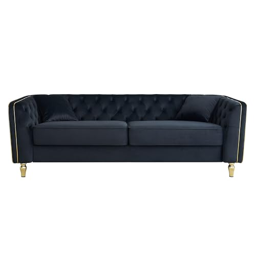 Image of KEIKI 87 inch Chesterfield Velvet Button Tufted Sofa with High Density Foam Cushions, Modern Style 3-Seater Couch with Gold Strip Trim Decoration, Easy Assembly, for Apartment, Living Room, Office, Black