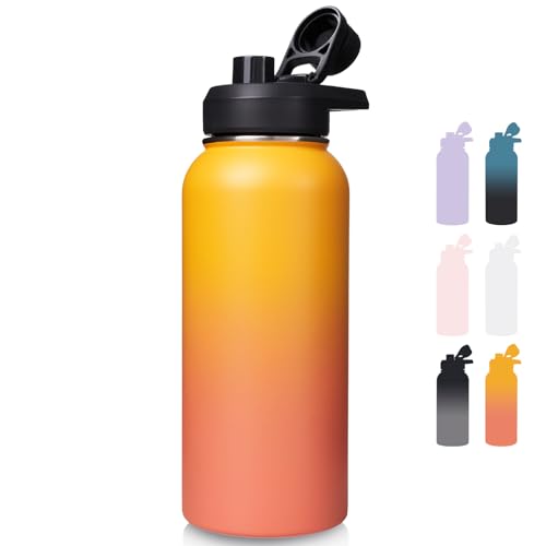 Image of Fijinhom Insulated Water Bottle with Handle, 304 Stainless Steel Water Bottles with Wide Mouth, Double Wall Vacuum Sports Water Bottle, BPA Free, Keep Cold and Hot, 32 Ounces Yellow&Orange