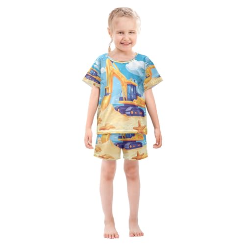 Pajama Sets Short Sleeve Yellow Excavator Car Beach Soft Cotton Summer Sleepwear 2 Piece PJS Size 5-14T4