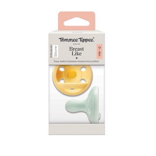 Tommee Tippee Breast-Like Soother, Lightweight, One-Piece Silicone Design, Symmetrical Teat, 0-6m, 2 Pack