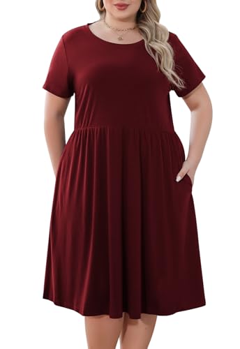 Image of Nemidor Women Plus Size Casual Dress Midi Flt Flare Pocket | Stretch knit,short sleeve,elastic waist,sizes 14-26 Plus,swing for curvy women,summer,vacation,church,brunch,party