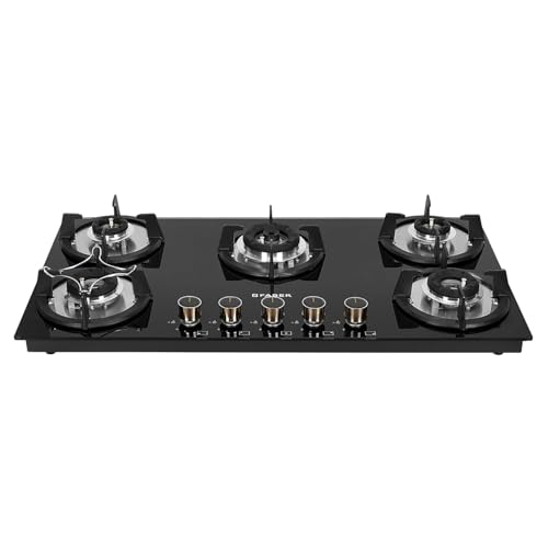 Image of Faber Hob 5 Burner | Auto-Ignition | Spillage Proof | HOB SUPERIA HT905 BR AI N |Metal Knobs | Pan Support | Black Glass Finish |5 Yr Warranty on Burner & Glass | 1Y Comprehensive (90cm 5 Burner)
