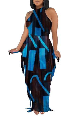 Image of 2 Piece Outfits for Women Sexy Halter Neck Sleeveless Crop Tops Ruched Bodycon Dresses Jumpsuits Fringe Skirt Sets