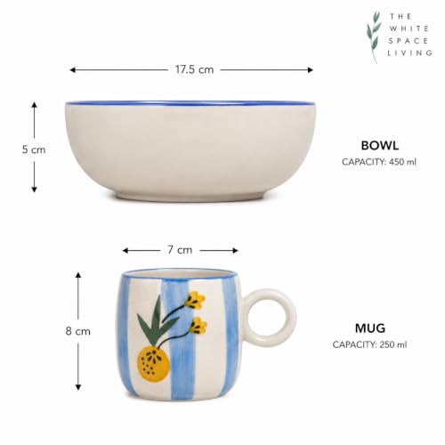 Image of Ceramic Breakfast Set | Bowl & Coffee Mug Combo | Cute Aesthetic Tableware Set for Breakfast, Snacks & Beverages | Microwave & Dishwasher Safe (Blue Stripe)