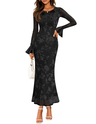 ZESICA Women's 2025 Bell Long Sleeve Floral Maxi Dress Fall Fashion Bodycon Mesh Wedding Guest Cocktail Party Dresses Black X-Large