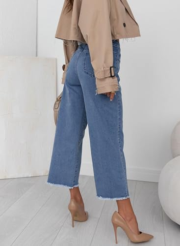 Sidefeel Womens Jeans Trendy 2024 High Waisted Wide Leg Straight Leg Raw Hem Cropped Denim Pants Sky Blue Size 10 thumb #3