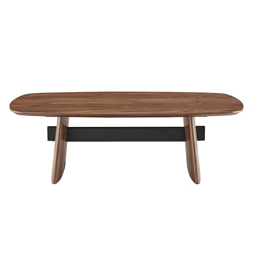 Image of Euro Style Folke 51 inch Coffee Table | Modern Industrial Accent | Functional Center Table for Living Room, Lounge, Home Office, or Hospitality | Walnut Finish with Matte Black Steel Cross Bar