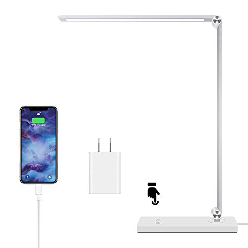 LED Desk Lamp with USB Charging Port Dimmable Eye-Caring Desk Light with Touch Control Foldable Lamp with 5 Lighting Modes,3 Brightness Levels Table Lamp for Reading, Studying, Working, Office, White