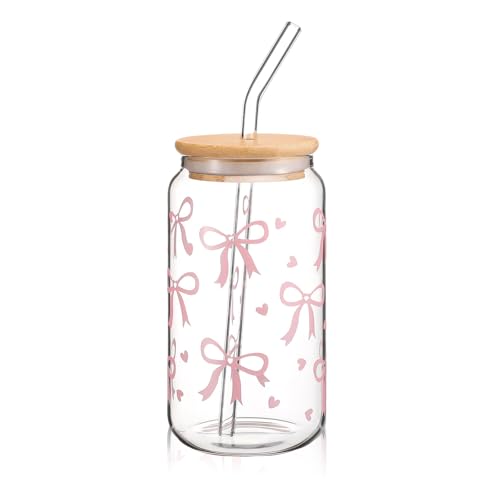 Cosmeria Glas Trinkbecher Mit Deckel Und Strohhalm, Eleganter 16 Oz Bow Cup Für Bubble Tea, Kaffee Oder Cocktail, Vielseitiges Und Stilvolles Trinkglas
