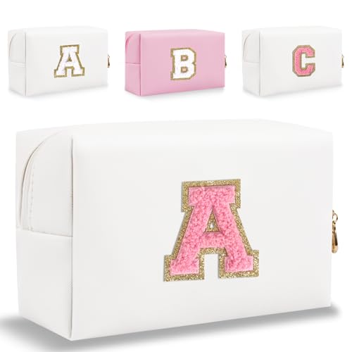 Small Personalized Letter Makeup Bag, Cute PU Leather Chenille Letters Cosmetic Bag Travel Makeup Bag, Preppy Makeup Pouch Travel Organizer Zipper Pouch Organizer for Women and Girls(WhitePink-A)