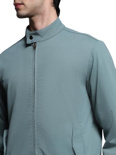 Image of Jack & Jones Men's Mock Collar Solid Cotton Casual Bomber Jacket, Standard Length