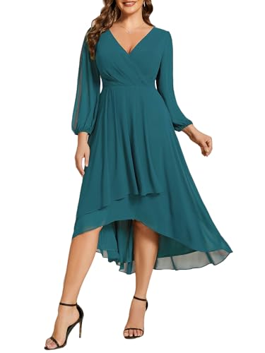 Ever Pretty Vestido de Boda Invitados Cuello en V Mangas Tres Cuartos para Mujer Vestido de Noche Cintura Imperio de Verano 2025 Verde Azulado 46