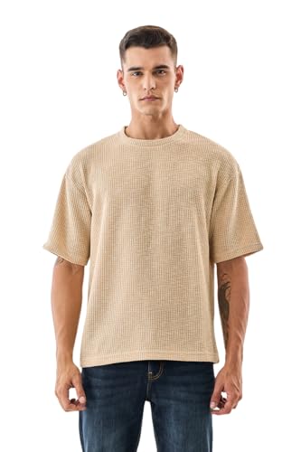 Image of SNITCH Men's T-Shirt | Textured Oversized Crew Neck Design | Premium Polyester Blend Fabric with Waffle Weave | Breathable & Lightweight Casual Wear