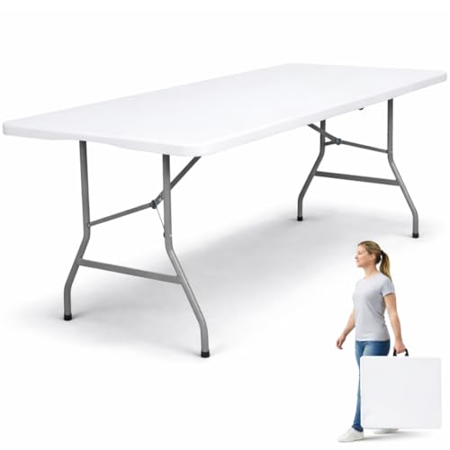 edihome Mesa Plegable 180x68x74 cm para Comedor, Camping, Jardín y Catering – Mesa Portátil Resistente para Interior y Exterior, Fácil de Transportar (Blanco)