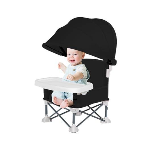 Chaise de repas pliante pour bébé avec plateau amovible et pare-soleil réglable pour l'extérieur