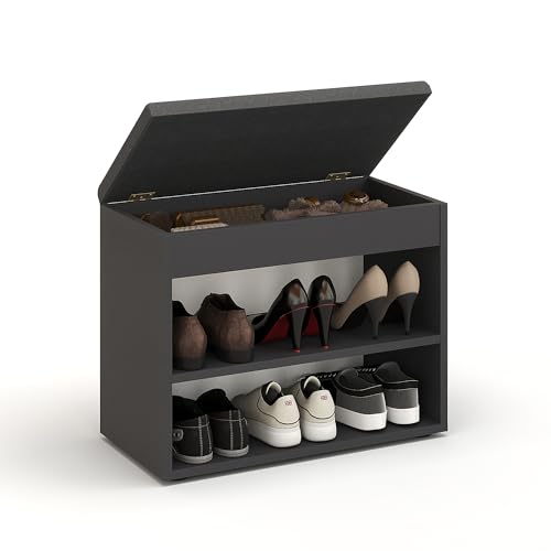 Komto Banc à Chaussures avec Assise Rembourrée – Meuble de Rangement Noir 60 x 48 x 32 cm pour Entrée, Couloir ou Chambre, Rangement Compact avec Coffre