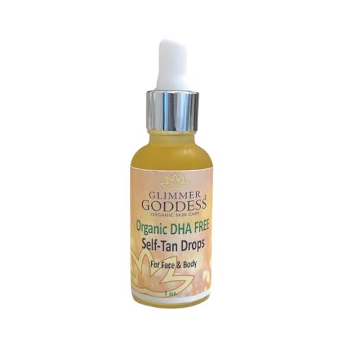 Glimmer Goddess Organic DHA-Free Self Tanning Drops, Unscented, 1 oz., Natural Gradual Tan, Vegan, Organic Ingredients, Hydrating Oils, Paraben-Free, Sulfate-Free