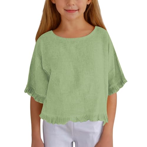 Girls Summer Tops 3/4 Sleeve Cotton Linen Ruffles Crew Neck Shirts Blouse Solid Loose Oversized Girls Undershirts Tops