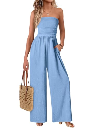 MASCOMODA One Piece Jumpsuits for Women Strapless Smocked Casual Rompers Long Pants with Pockets Vacation Summer Outfits(Light Blue Medium)