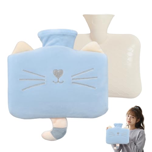 湯タンポ 1.2L 湯たんぽ 注水式 エコ柔らか シリコン 1.2リットル ゆたんぽ 可愛い ネコ カバー付き 取り外し可能 肩 足 防寒グッズ お湯入れ 電気不要 あったかグッズ 暖房器具 冷え対策 生理期 クリスマス 高齢者 誕生日プレゼントブルー