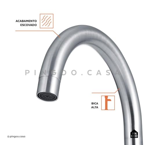 Pingoo.Casa, Torneira para Cozinha, Misturador Monocomando, Aço Inox 304, Escovado, Tocantins, Prata