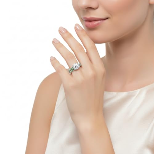 Image of Choose Your Gemstone Hidden Diamond CZ Wedding Set 925 Sterling Silver Round Shape Wedding Ring Sets Minimal Modern Design Birthday Gift Wedding Gift US Size 4 to 12