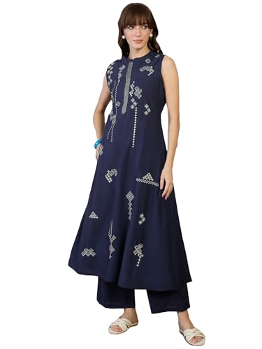 Image of INDO ERA Women's A-Line Pure Cotton Floral Embroidered Kurta & Palazzo Set | Co Ord Set For Women Stylish