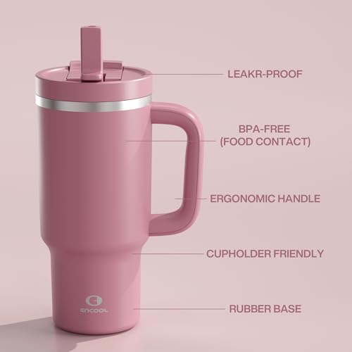 Image of ENCOOL 32 oz Tumbler with Handle and Straw: Stainless Steel Insulated Tumbler Keeps Cold for 24 Hours, Leakproof Travel Cup Fits in Cup Holder and BPA-Free,Turkish Rose