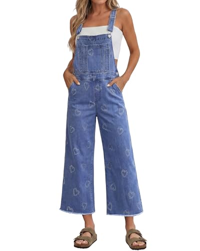 luvamia Denim Wide Leg Cute Overalls for Women Loose Fit Capri Embroidered Jean Jumpsuit for Women Denim Summer Raw Hem Stretchy Bib Overall Heart Medium Blue M