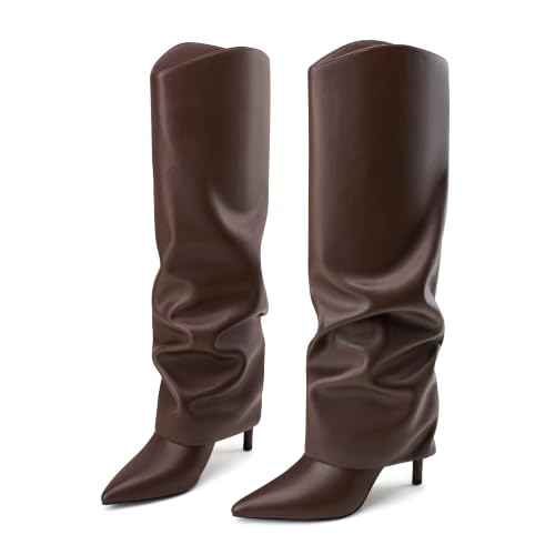 Image of Vaslemuse Womens Fold Over Knee High Boots Pointed Toe Sexy Slouch Boots | Slouchy long boots, Stiletto high heels, Closed toe, Sping fall boots, High heel boots, Side zipper