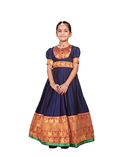 Image of Girls Silk Pattu Gown for Kids Traditional South Indian Long Ethnic Dress | Baby Girl Festival Pavadai Sattai Style Party Wedding Birthday Special Occasion Outfit