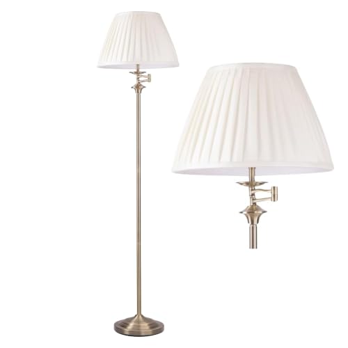 Image of Eton - Swing Arm Floor Light Lamp Stand in Antique Brass with White Pleated Shade - Modern Class Style