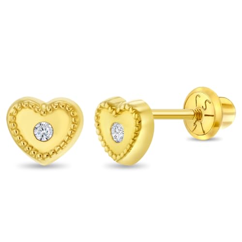 14k Yellow Gold Clear Bezel Set Cubic Zirconia Heart Safety Screw Back Earrings For Little Girls - Extra Small Heart Earrings For Children - Kids Heart Earrings For Girls With Clear CZ