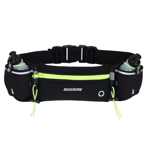 ROSSRORE - ROSSRORE Unisex Running Hydration Belt with 2x6oz Water Bottles - No Bounce Design, Waterproof Waist Pack for Phone, Reflective Gear for Runners, Cyclists, Hiking (Green)