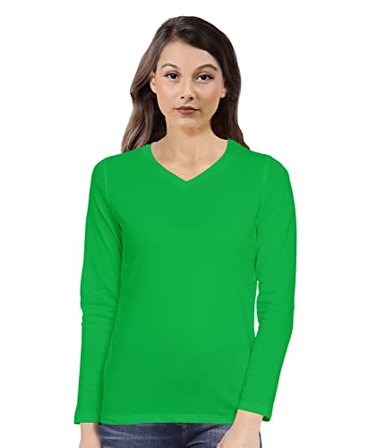 Image of Pooplu Women's Regular Fit Plain V Neck Full Sleeves Multicoloured 100% Cotton Pootlu T Shirt. Stylish, Casual Tshirts