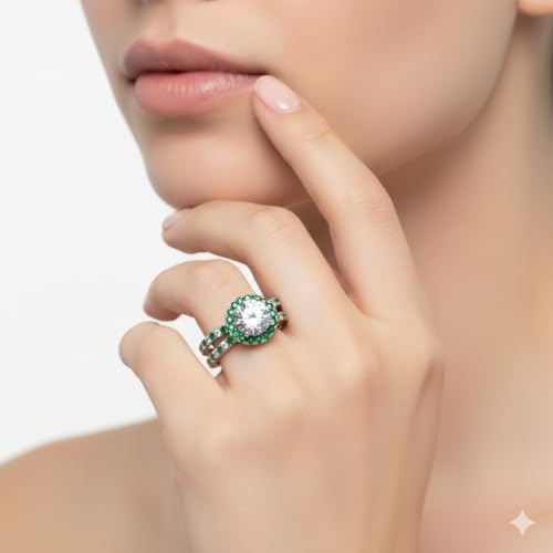 Image of 55Carat Reverse Split Shank Halo Diamond Ring Sterling Silver Created Emerald Round Shape Green Color Halo Engagement Rings Prong Setting in Size 7 Party Wear Daily Wear Ornament