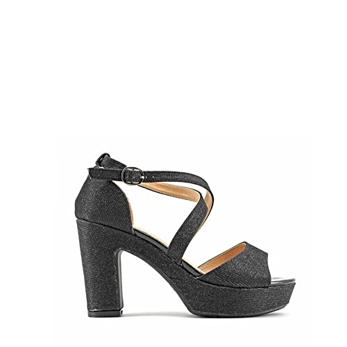 MODELISA - Sandalia Tacón Ancho Brillo Con Plataforma Tiras Cruzadas Punta Abierta Fiesta Mujer (Negro, numeric_39)