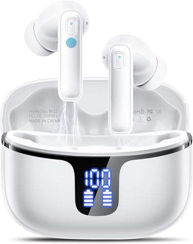 Auriculares Inalambricos Bluetooth, Cascos Inalambricos Bluetooth 5.4 HiFi Estéreo, 48H Auriculares inalámbricos con 4 ENC Cancelacion Ruido HD Mic, IP7 Impermeable/Carga Rápida Tipo-C, Blanco puro