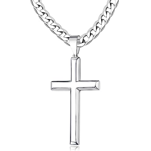925 Sterling Silver Cross Necklace for Men Women 4.5mm Stainless Steel Highly Polished Cuban Link Chain Beveled Edge Crucifix Cross Pendant Necklace 16-28 Inches