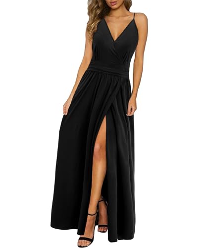 Newshows Sommerkleid Damen Lang Maxikleid Sommer V Ausschnitt Kleid Schlitz Freizeitkleid Elegant für Hochzeitsgast (Schwarz,Groß)