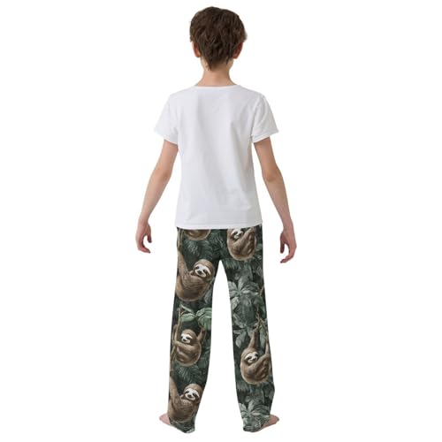 Tropical Sloth Leaf Boys Long Pants Soft Trousers Elastic Waist Kids Lounge Bottoms with Pockets S-XL3