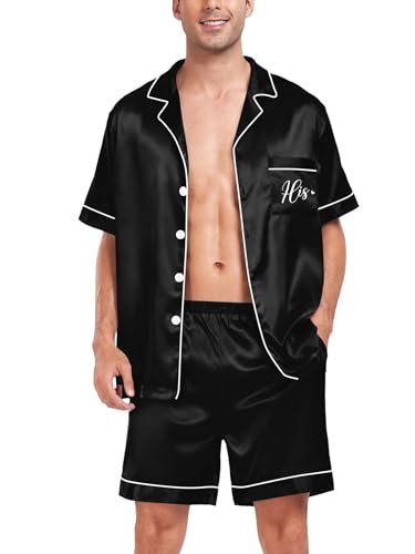 Image of SWOMOG Satin Matching Pajamas Sets Couple Silk Button Down Nightwear Women & Men Short Sleeve Sleepwear 2 Pieces Loungewear