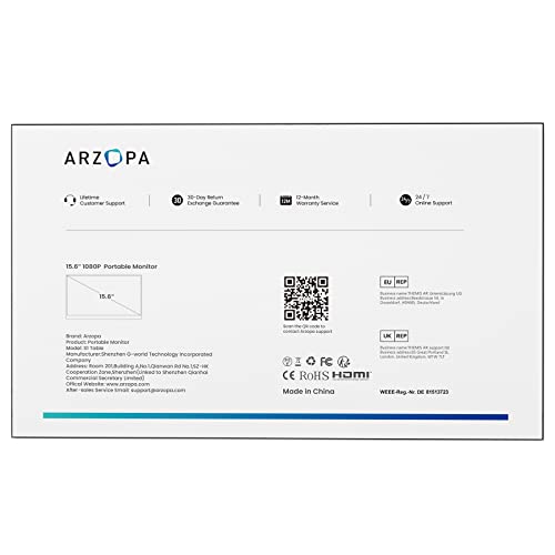 Monitor portátil ARZOPA, monitor de laptop FHD 15,6'' 1080P USB C HDMI, tela de computador HDR Eye