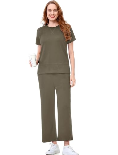 EYZH Womens 2 Piece Lounge Set - Summer Comfy Travel Outfits, Short Sleeve Wide Leg Vacation Sets Loungewear2