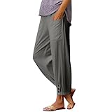 Cotton Linen Pants for Women Summer Guaze Plus Size Elastic Waist Trousers Lightweight Straight Leg Pant with Pockets 2026 Spring Casual Loose Fit Senior Teacher Clothes Beach Vacation Outfits Gray