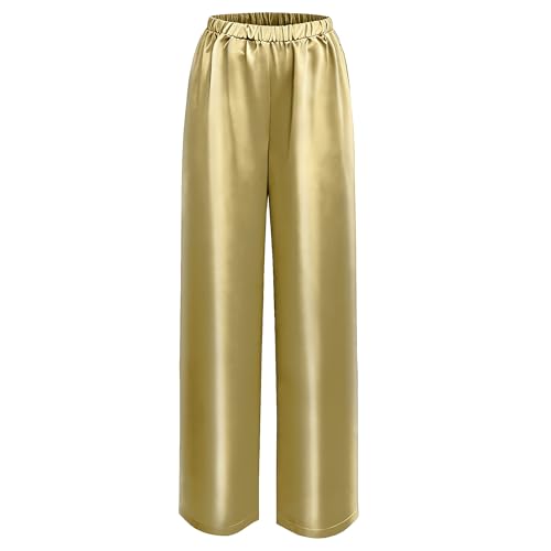 WANLUOSUX Silk Pants for Women Casual Elastic High Waisted Wide Leg Womens Satin Pants Golden XXL