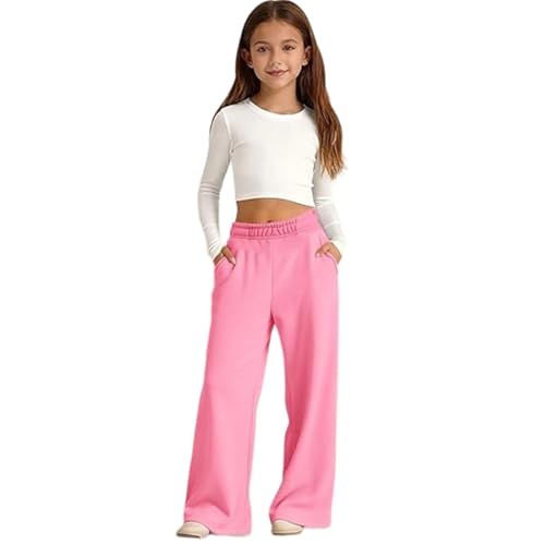 Image of Girls Wide Leg Trousers Girls Baggy Joggers Sweatpants Fleece Athletic Joggers Drawstring Waist and Pockets Kids Baggy High Waist Straight Leg Track Pants School Trousers Pink