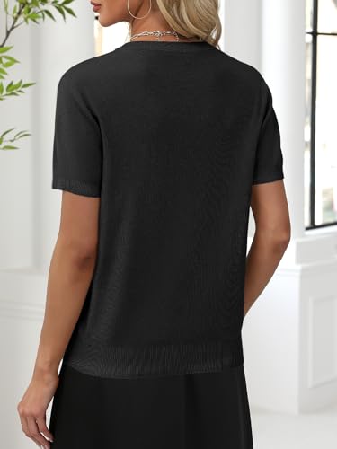 Image of ANRABESS Women Wool Blend Sweater Summer 2026 Short Sleeve V Neck Pullover Top Business Casual Outfit Beach Vacation Clothes
