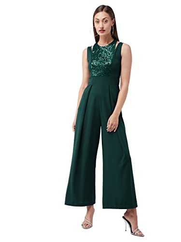 Image of Miss Chase Women's Halter Neck Sleeveless Solid Wide Leg Sequin Paneled Regular Length Jumpsuit