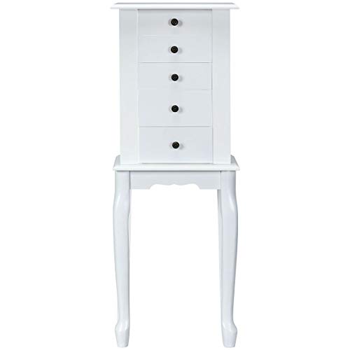 COSTWAY Armario para Joyas de Madera con Espejo y 5 Cajones Joyero de Pie Gabinete Organizador de Joyas Blanco
